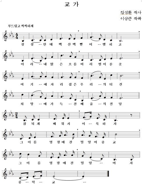 (1절)창창- 한 태백산맥 뻗어- 맺히고 아리- 내 맑은흐름 미리벌 이룬곳
       여기- 에 자리잡은 우리- 의터전 희망- 에 가득- 찬 배움- 의전당
       참되게 배워서 이- 룩하자 그이름 영광에 찬 밀양여중교
       그이름 영광에 찬 밀양- 여자중- 학- 교-